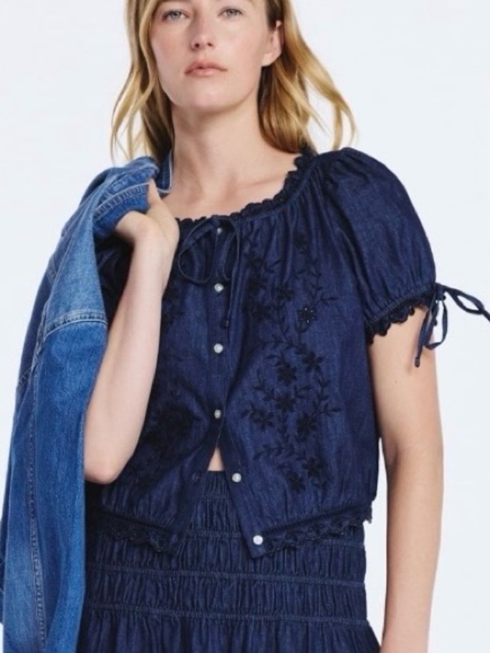 New FREE ASSEMBLY Embroidered Cropped Cotton Top with Short Sleeves NWT - Picture 4 of 14